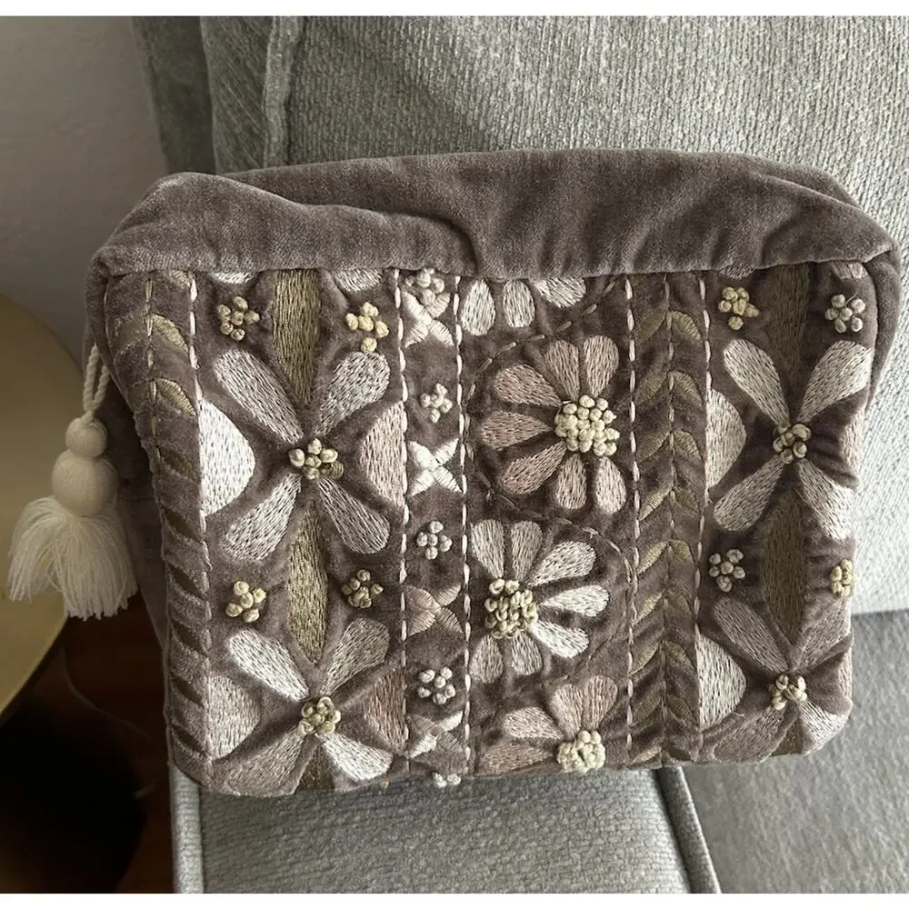 Velvet Bohemian Floral Embroidery Pouch Cosmetic Bag Brown